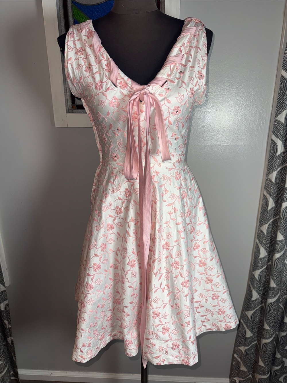 Vintage 1950s White & Pink Floral Embroidered Sailor Tie Flare Dress Rockabilly